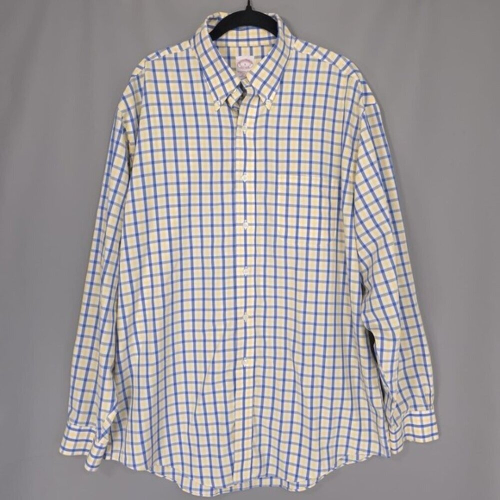 Brooks Brothers Men's Shirt LARGE Plaid Yellow Blue Original Polo Shirt Non Iron